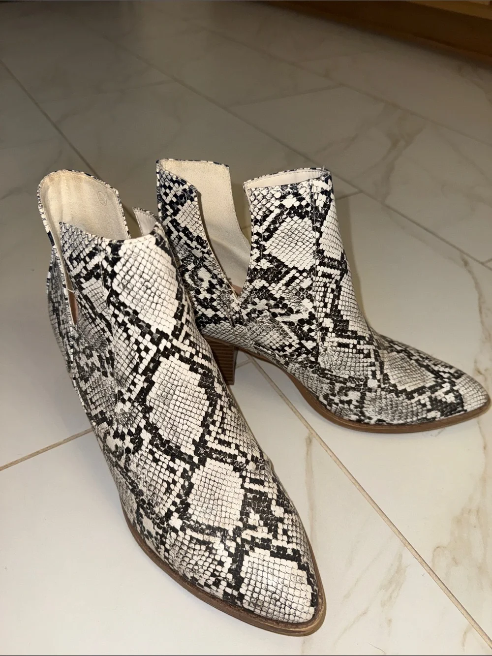 Pointed Snake-Print Cutout Ankle Booties in White and Black